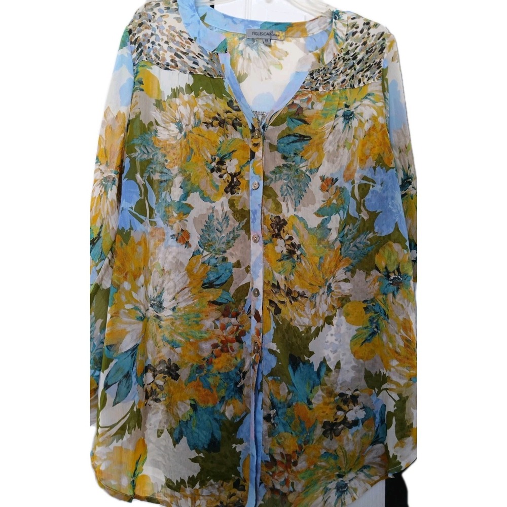 Figueroa‎ & Flower Blouse Womens 1X Floral Pearl Button 3/4 Sleeve Spring Top